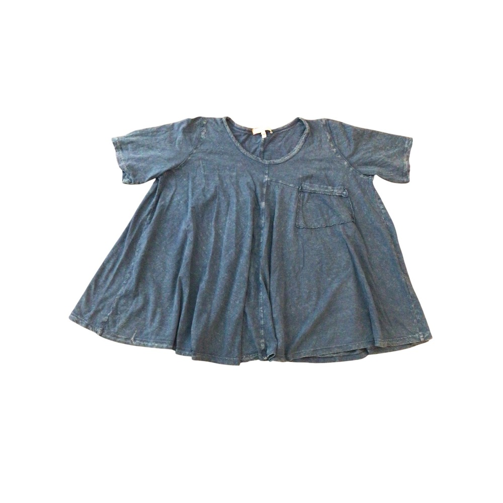 Anthropologie Eri + Ali Blue Slub Knit Swing Tunic Top Pocket Short Sleeve M